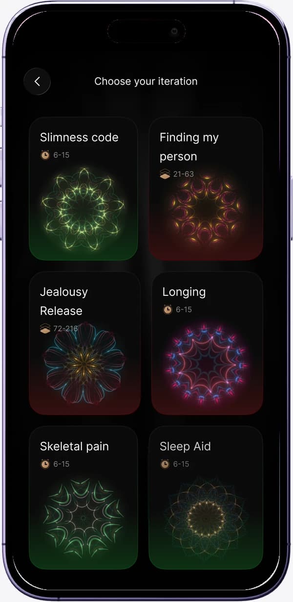 The Portals app on a phone, showing the iteration picker with practices such as Longing and Sleep Aid