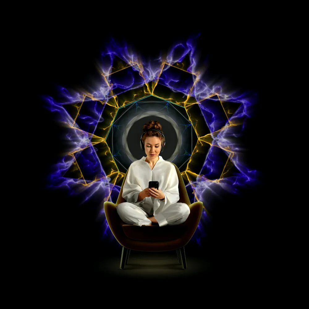 A woman sitting cross-legged with headphones, a Portals mandala radiating behind her